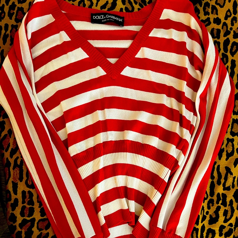 Dolce & Gabbana Red and White Striped V-Neck Pullover
